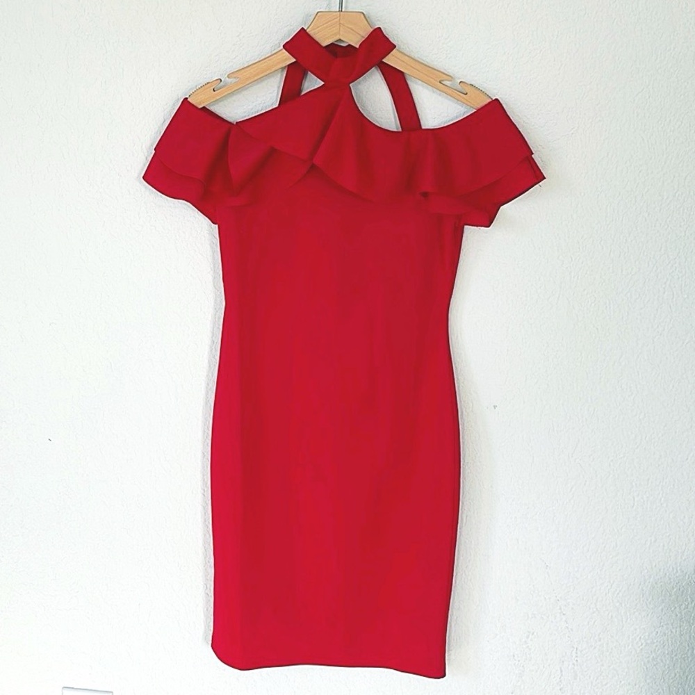 Lumiere • Little Red Halter Off Shoulder Ruffle Form Fitting Cocktail Date Dress